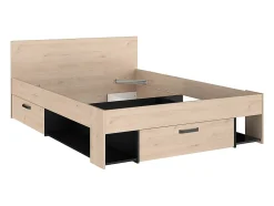 Lit 140 x 190/200 cm avec tête de lit et rangements - Coloris : Naturel et noir + Sommier - KINSELIA