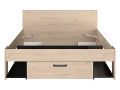 Lit 140 x 190/200 cm avec tête de lit et rangements - Coloris : Naturel et noir + Sommier - KINSELIA