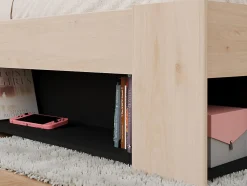 Lit 140 x 190/200 cm avec tête de lit et rangements - Coloris : Naturel et noir + Sommier - KINSELIA