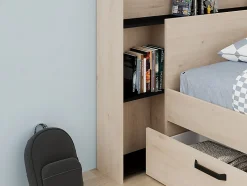 Lit 140 x 190/200 cm avec tête de lit et rangements - Coloris : Naturel et noir + Sommier - KINSELIA