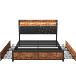 Lit 180 x 200 cm avec tête de lit, 4 tiroirs, LED et station de charge - noir