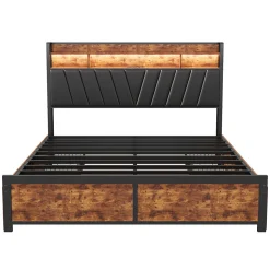 Lit 180 x 200 cm avec tête de lit, 4 tiroirs, LED et station de charge - noir