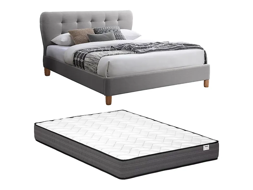 Lit 140 x 190 cm avec tête de lit capitonnée - Tissu - Gris + Matelas - ELIDE
