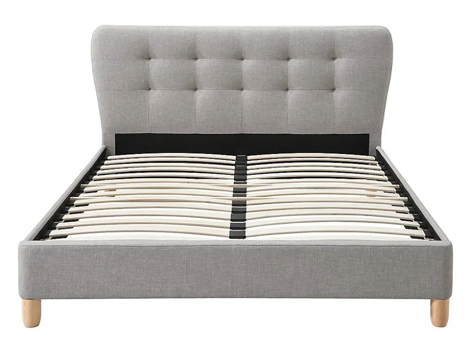 Lit 140 x 190 cm avec tête de lit capitonnée - Tissu - Gris + Matelas - ELIDE