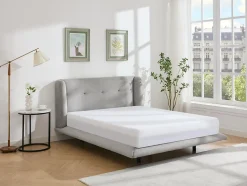 Lit 140 x 190 cm avec tête de lit capitonnée - Tissu - Gris clair - PENAVI