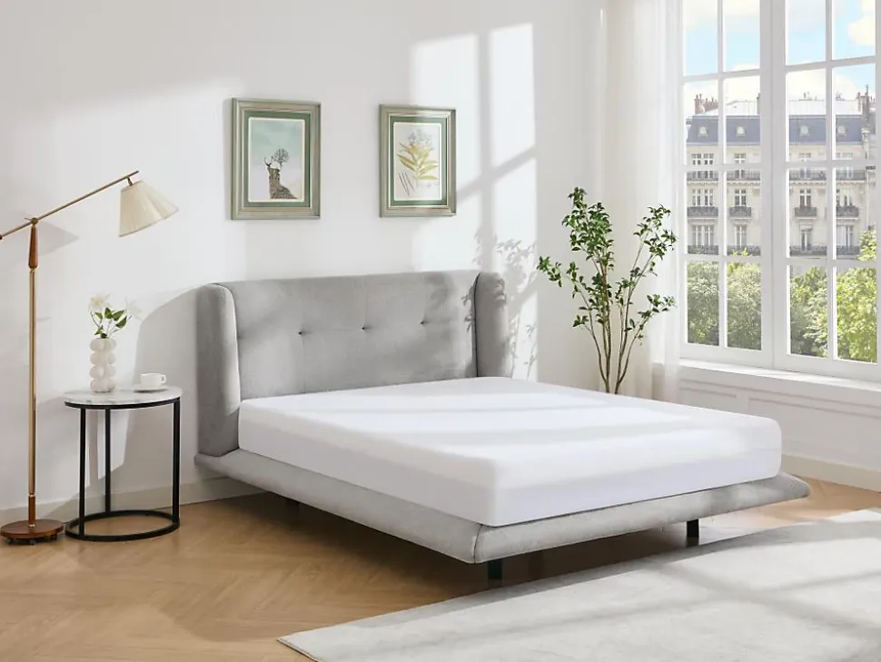 Lit 140 x 190 cm avec tête de lit capitonnée - Tissu - Gris clair - PENAVI