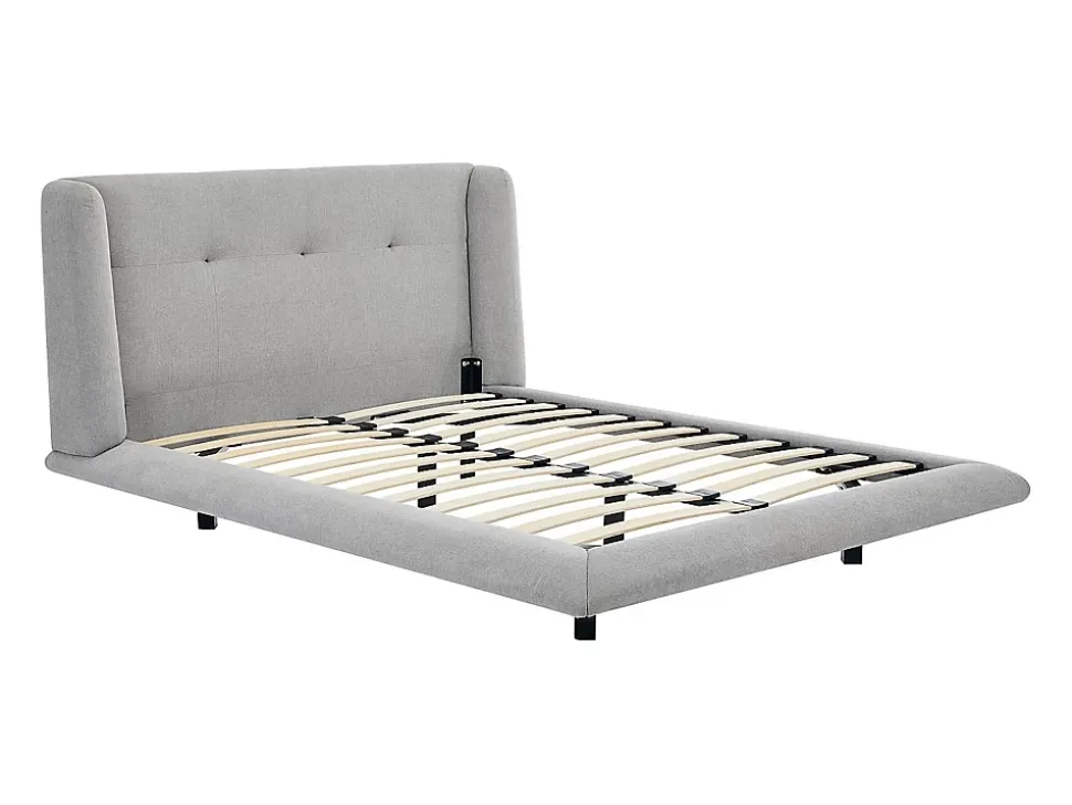 Lit 140 x 190 cm avec tête de lit capitonnée - Tissu - Gris clair - PENAVI