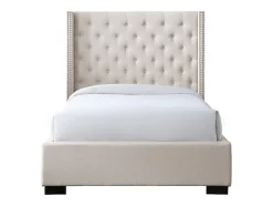 Lit 120 x 200 cm avec tête de lit capitonnée - Tissu - Beige - MASSIMO