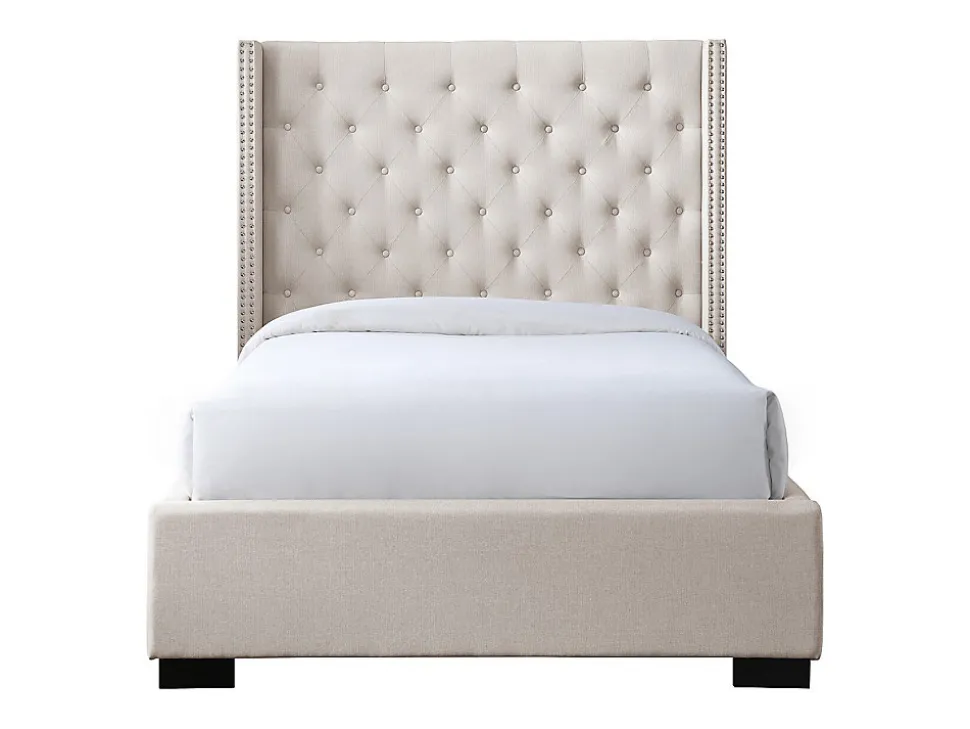 Lit 120 x 200 cm avec tête de lit capitonnée - Tissu - Beige - MASSIMO