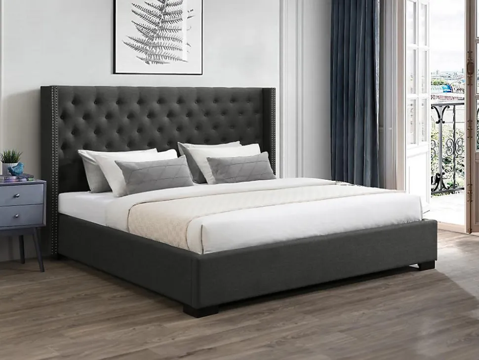 Lit 200 x 200 cm avec tête de lit capitonnée - Tissu - Gris - MASSIMO