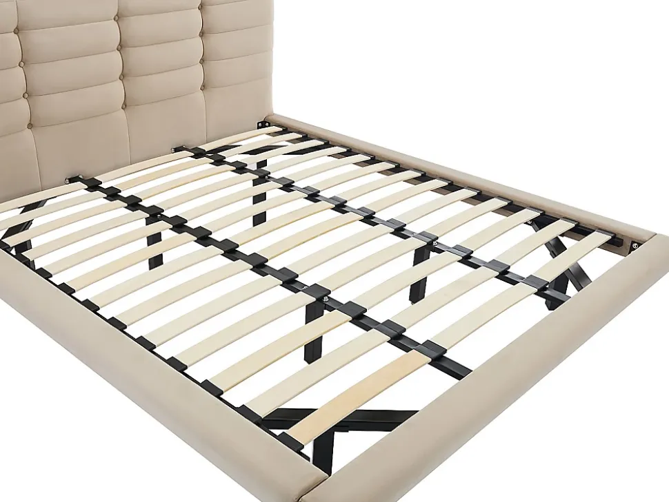 Lit 180 x 200 cm avec tête de lit capitonnée - Velours - Beige - NISATIO