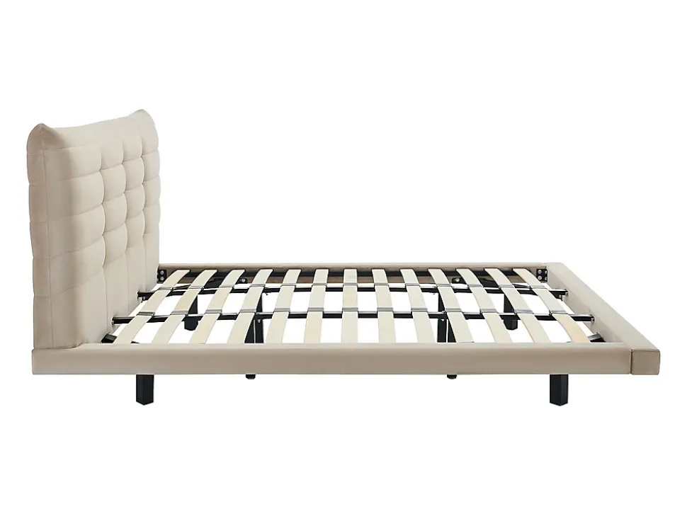 Lit 180 x 200 cm avec tête de lit capitonnée - Velours - Beige - NISATIO