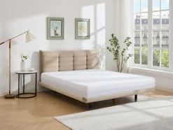 Lit 180 x 200 cm avec tête de lit capitonnée - Velours - Beige - NISATIO