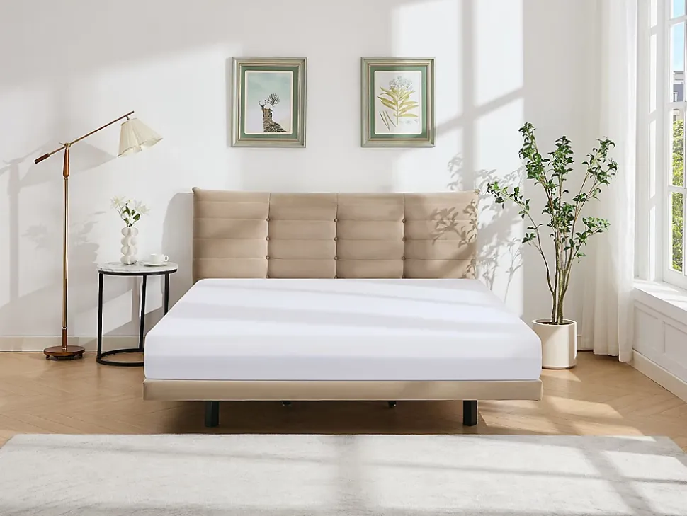 Lit 180 x 200 cm avec tête de lit capitonnée - Velours - Beige - NISATIO