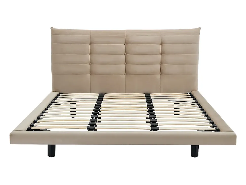 Lit 180 x 200 cm avec tête de lit capitonnée - Velours - Beige - NISATIO