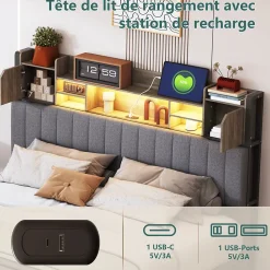 Lit 160 x 200 cm avec tête de lit LED et USB, 4 tiroirs de rangement, sommier à lattes, lin, gris