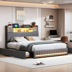 Lit 160 x 200 cm avec tête de lit LED et USB, 4 tiroirs de rangement, sommier à lattes, lin, gris