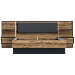 Lit 160 x 200 cm décor bois épicéa et noir avec éclairage LED - CELIA