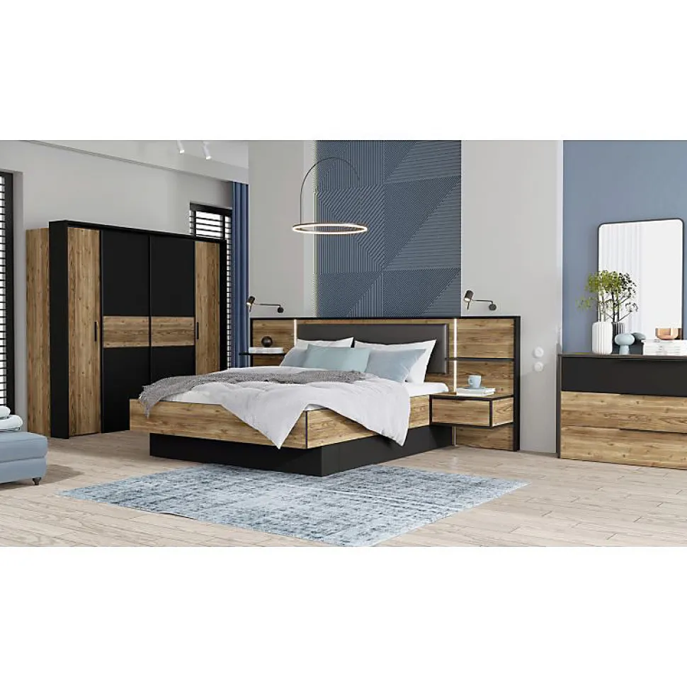 Lit 160 x 200 cm décor bois épicéa et noir avec éclairage LED - CELIA