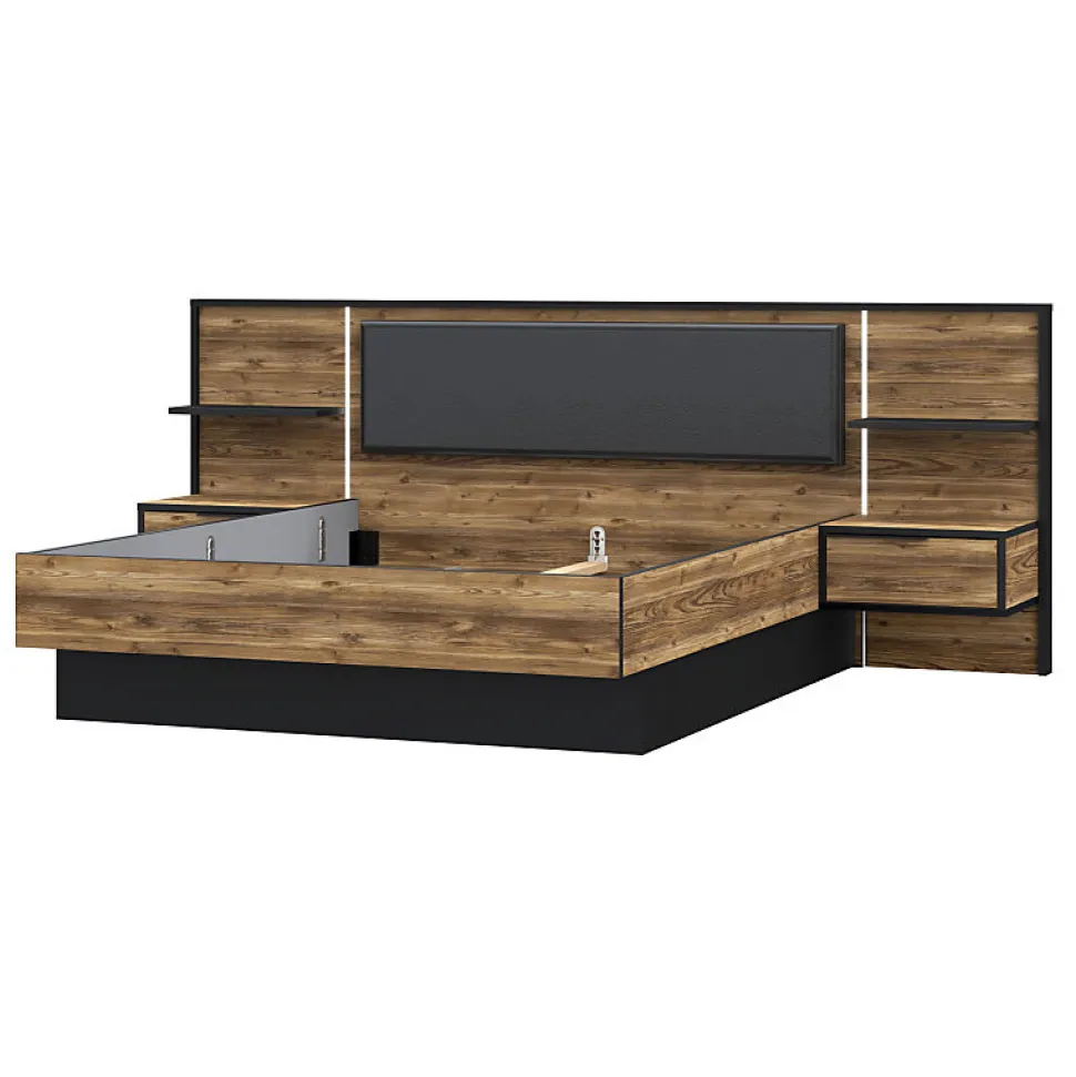 Lit 160 x 200 cm décor bois épicéa et noir avec éclairage LED - CELIA