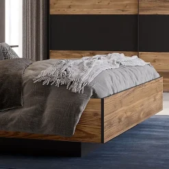 Lit 160 x 200 cm décor bois épicéa et noir avec éclairage LED - CELIA