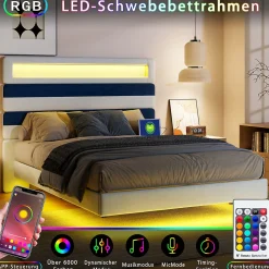 Lit 140 x 200 cm Design Flottant avec Éclairage LED Prise Port USB Cadre Velours ,sans Matelas