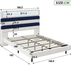 Lit 140 x 200 cm Design Flottant avec Éclairage LED Prise Port USB Cadre Velours ,sans Matelas
