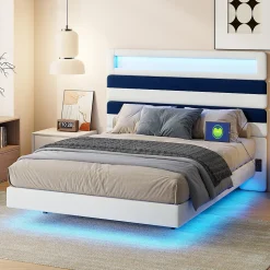Lit 140 x 200 cm Design Flottant avec Éclairage LED Prise Port USB Cadre Velours ,sans Matelas
