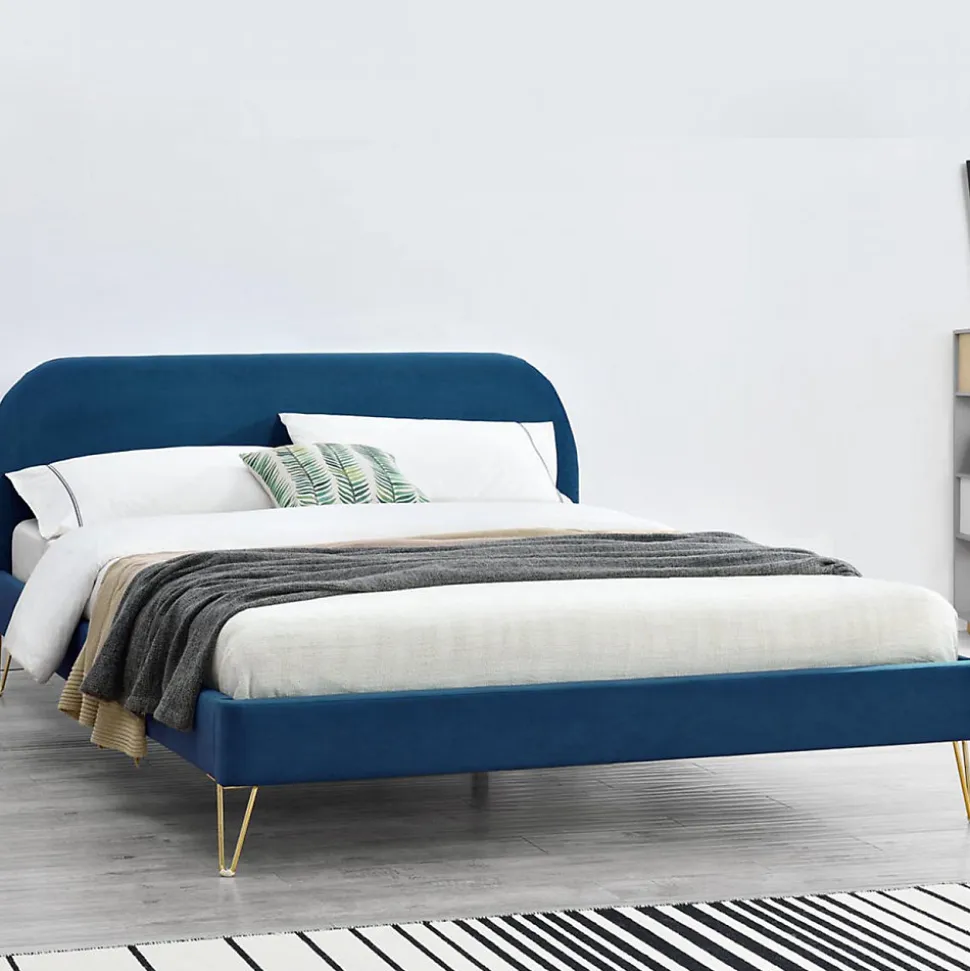 Lit 160 x 200 cm en velours et laiton bleu - PHOENIX