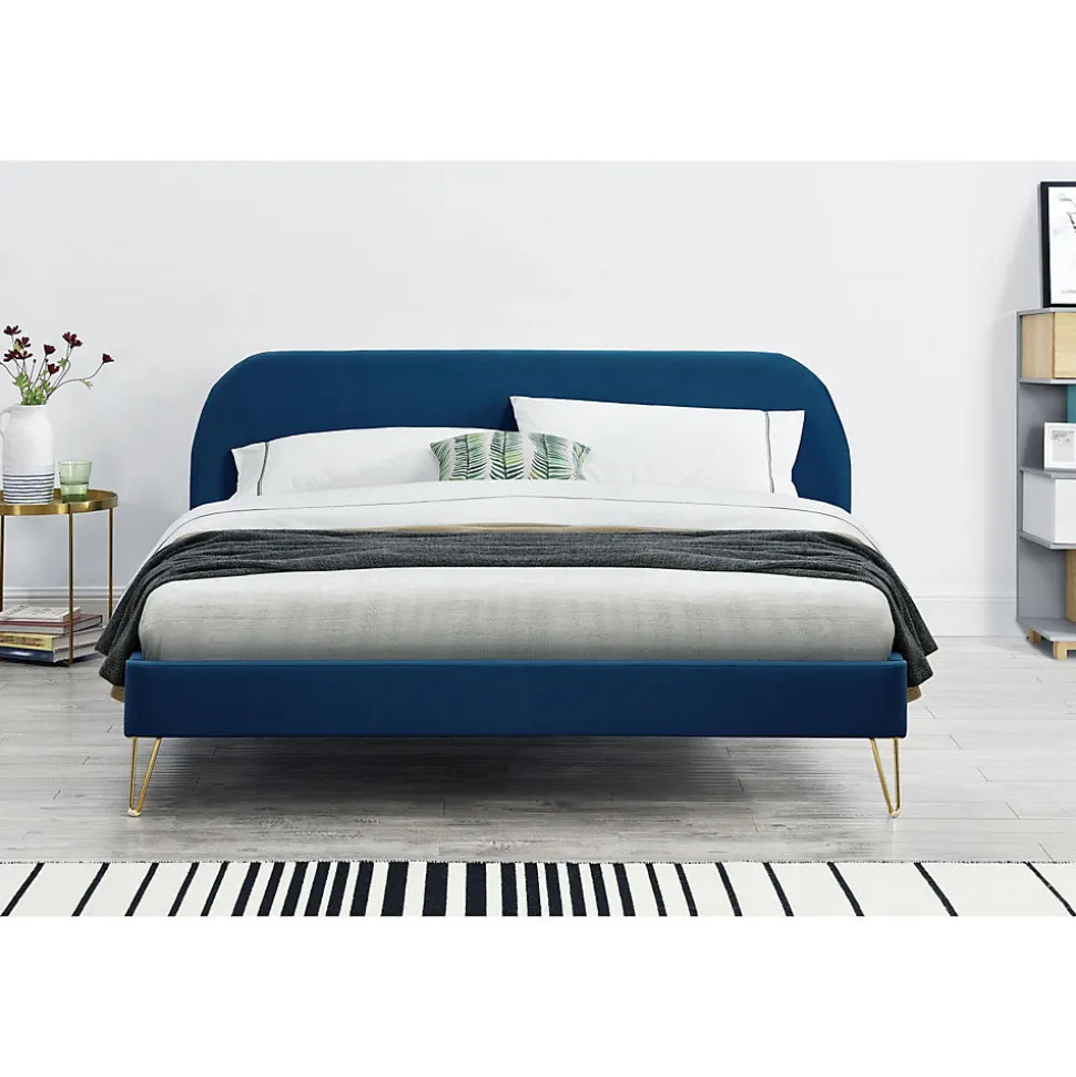 Lit 160 x 200 cm en velours et laiton bleu - PHOENIX