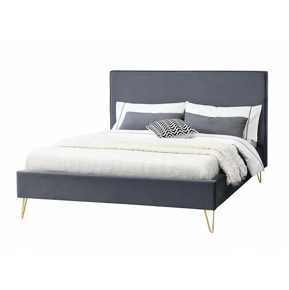 Lit 140 x 190 cm en velours et laiton gris - RIVERSIDE