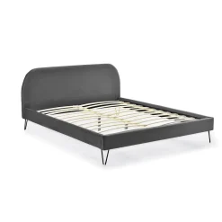 Lit 140 x 190 cm en velours gris et pieds noirs - PHOENIX
