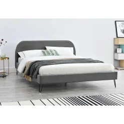 Lit 140 x 190 cm en velours gris et pieds noirs - PHOENIX
