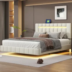 Lit 160 X 200 Cm, Rembourré, Avec Tête De Lit Réglable, Éclairage LED, En Lin, Beige