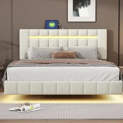 Lit 160 X 200 Cm, Rembourré, Avec Tête De Lit Réglable, Éclairage LED, En Lin, Beige