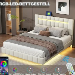 Lit 160 X 200 Cm, Rembourré, Avec Tête De Lit Réglable, Éclairage LED, En Lin, Beige