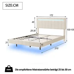 Lit 160 X 200 Cm, Rembourré, Avec Tête De Lit Réglable, Éclairage LED, En Lin, Beige