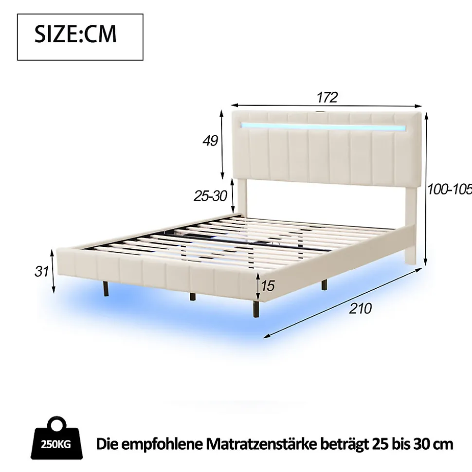 Lit 160 X 200 Cm, Rembourré, Avec Tête De Lit Réglable, Éclairage LED, En Lin, Beige