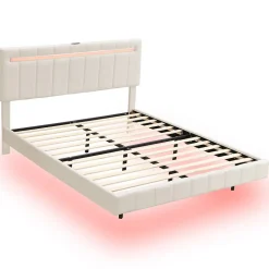 Lit 160 X 200 Cm, Rembourré, Avec Tête De Lit Réglable, Éclairage LED, En Lin, Beige