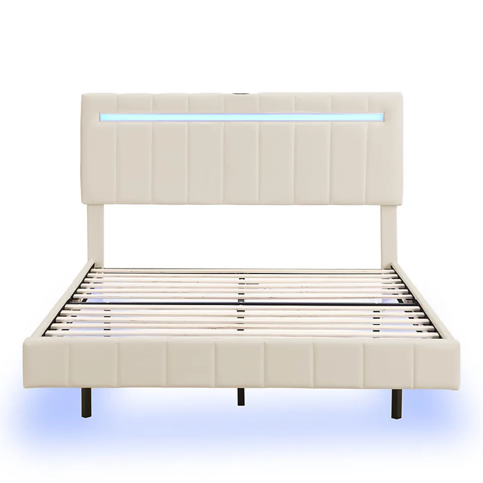 Lit 160 X 200 Cm, Rembourré, Avec Tête De Lit Réglable, Éclairage LED, En Lin, Beige