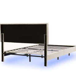 Lit 160 X 200 Cm, Rembourré, Avec Tête De Lit Réglable, Éclairage LED, En Lin, Beige