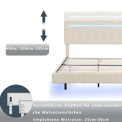 Lit 160 X 200 Cm, Rembourré, Avec Tête De Lit Réglable, Éclairage LED, En Lin, Beige