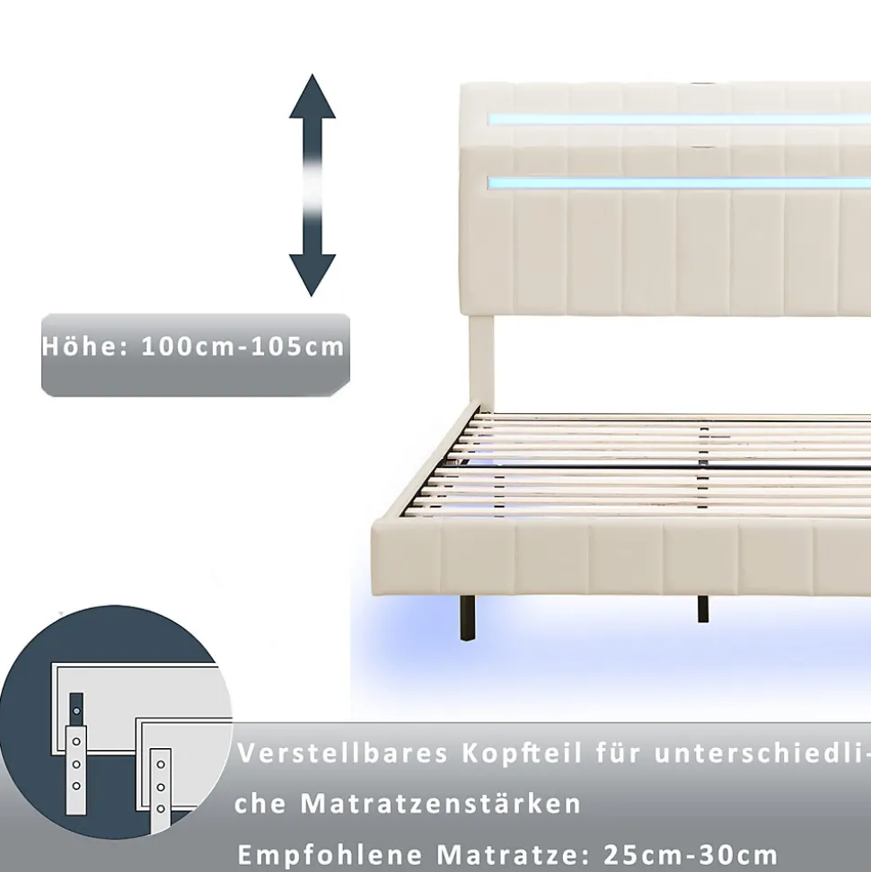 Lit 160 X 200 Cm, Rembourré, Avec Tête De Lit Réglable, Éclairage LED, En Lin, Beige