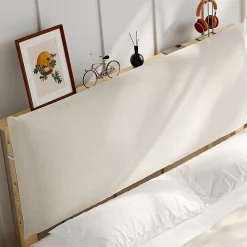 Lit Ado 140x200 cm - Lit Double avec Tête de Lit Capitonnée à Scratch, Sommier à Lattes, sans Matelas - Bois Naturel