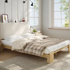 Lit Ado 140x200 cm - Lit Double avec Tête de Lit Capitonnée à Scratch, Sommier à Lattes, sans Matelas - Bois Naturel