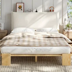 Lit Ado 140x200 cm - Lit Double avec Tête de Lit Capitonnée à Scratch, Sommier à Lattes, sans Matelas - Bois Naturel