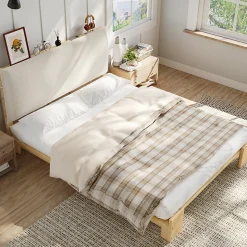 Lit Ado 140x200 cm - Lit Double avec Tête de Lit Capitonnée à Scratch, Sommier à Lattes, sans Matelas - Bois Naturel