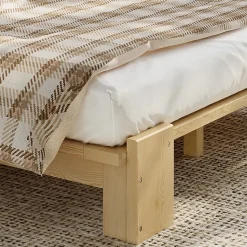 Lit Ado 140x200 cm - Lit Double avec Tête de Lit Capitonnée à Scratch, Sommier à Lattes, sans Matelas - Bois Naturel