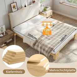 Lit Ado 140x200 cm - Lit Double avec Tête de Lit Capitonnée à Scratch, Sommier à Lattes, sans Matelas - Bois Naturel