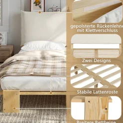 Lit Ado 140x200 cm - Lit Double avec Tête de Lit Capitonnée à Scratch, Sommier à Lattes, sans Matelas - Bois Naturel